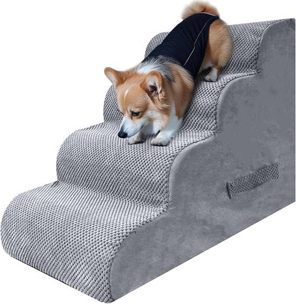 PAWSCART Dog Stairs for Small Dogs and Cats, 4-Step Dog Steps for Bed, 19.6" H Pet Stairs for High Bed, Pet Ramp for Couch, Sofa, Non-Slip Surface Removable Washable Cover, LightGrey