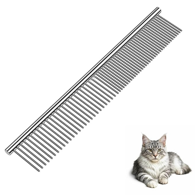 Dog Comb and Cat Combs Stainless Steel Teeth, Grooming Tool for Long &amp; Short Hair, Dematting Comb for Dogs, Removes Tangles &amp; Knots (Large Silver)