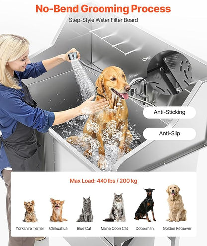 VEVOR Professional 304 Stainless Steel Dog Bathing Station, 50 inch Pet Grooming Tub w/Anti-Slip ramp, Storage Drawer, Cold Hot Faucet Showerhead, for Large &amp; Medium &amp; Small (Left Door, with Drawer)