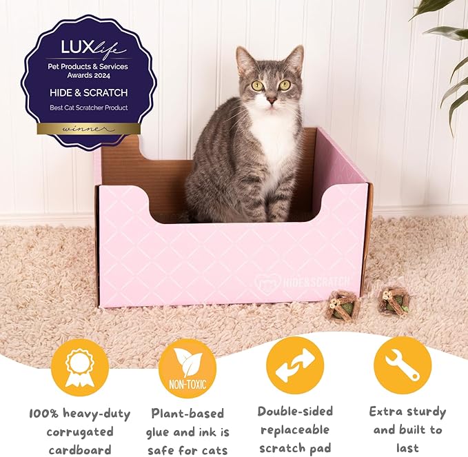 HIDE &amp; SCRATCH Cat Scratcher Box and Cat Bed with Refillable Double-Sided Cardboard Scratch Pad for Indoor Cats