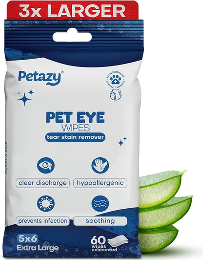 Pet Eye Wipes for Dogs | 3X Larger Unscented Hypoallergenic Gentle Eye Cleaner Wipes for Dogs &amp; Cats | Pet Tear Stain Remover Wipes | 60 Count