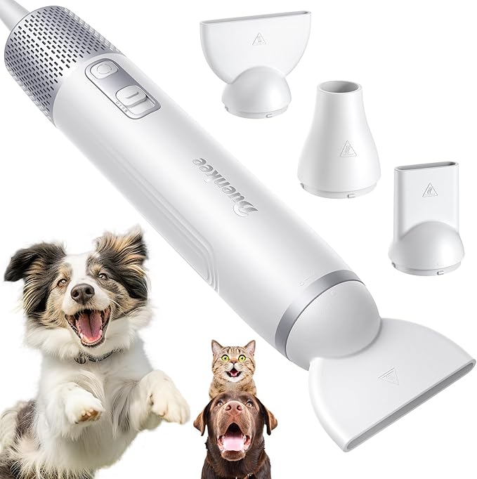 Dog Dryer Handheld Pet Hair Dryer: 3HP High-Velocity Blower with 3 Speeds &amp; 4 Temps Lightweight, Quiet Design. Portable Blow for Travel &amp; Home Grooming. Includes 3 Nozzles (White).