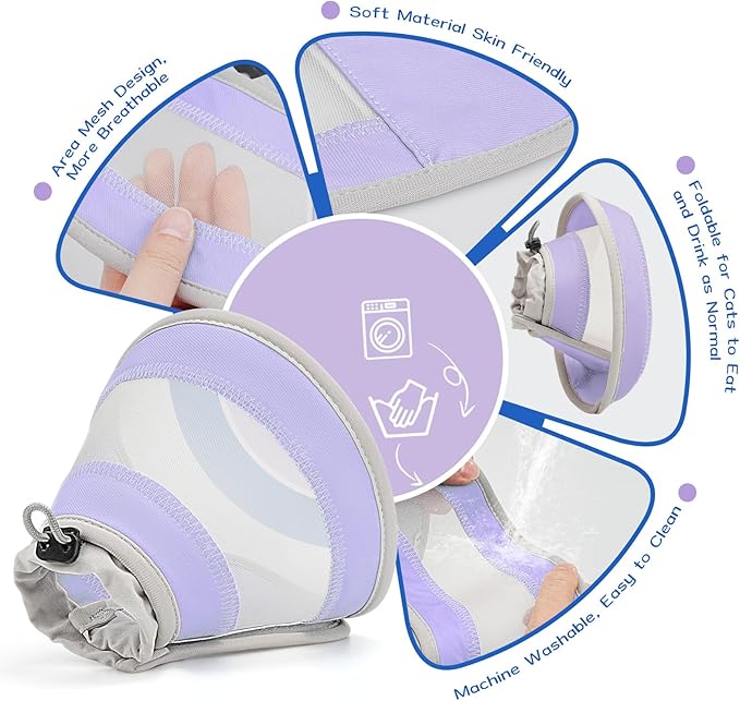 Breathable Air Mesh Cat Cone Collar Soft to Stop Licking, Adjustable, Foldable Lightweight Kitten Cones After Surgery Recovery for Cats &amp; Kittens (Light Purple,L)