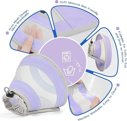 Breathable Air Mesh Cat Cone Collar Soft to Stop Licking, Adjustable, Foldable Lightweight Kitten Cones After Surgery Recovery for Cats &amp; Kittens (Light Purple, S)