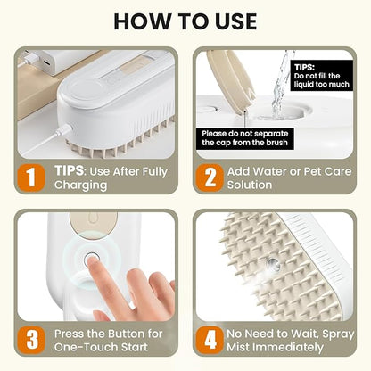 Cat Steam Brush for Shedding, Pet Steam Brush for Cats and Dog, 4 in 1 Rechargeable Cat Hair Brush, Spray Anti-Static, Massage, Cleaning, Shedding &amp; Combing All In One, for Long &amp; Short Haired Pets!