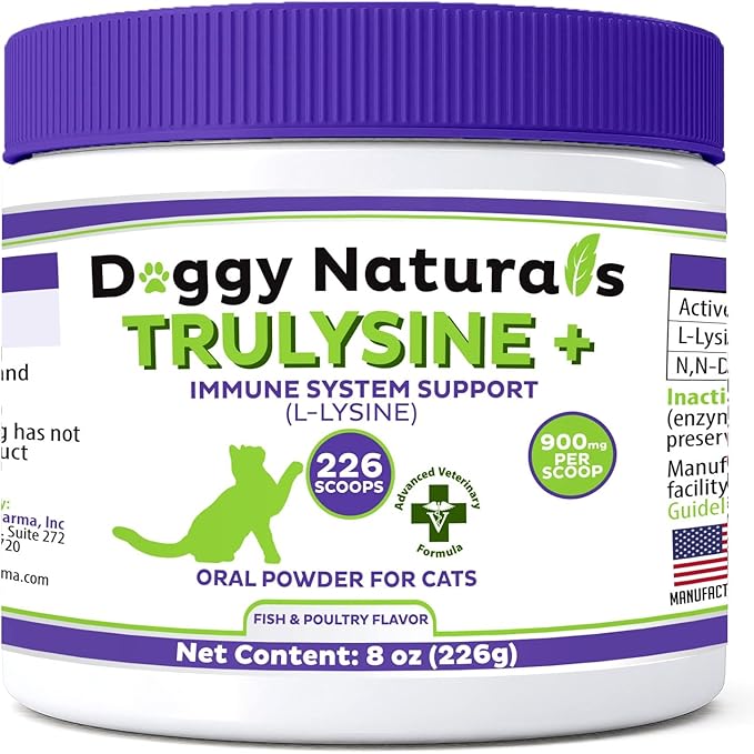 Trulysine Plus L-Lysine for Cats Immune Support Oral Powder 8oz/226g - Cats &amp; Kittens of All Age, Sneezing, Runny Nose Squinting, Watery Eyes-Fish &amp; Poultry Flavor (U.S.A)(225 Grams (900mg / Scoop))