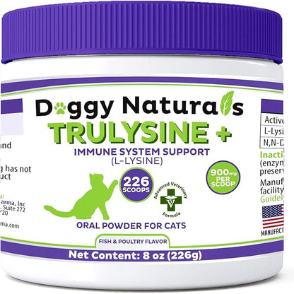 Trulysine Plus L-Lysine for Cats Immune Support Oral Powder 8oz/226g - Cats &amp; Kittens of All Age, Sneezing, Runny Nose Squinting, Watery Eyes-Fish &amp; Poultry Flavor (U.S.A)(225 Grams (900mg / Scoop))