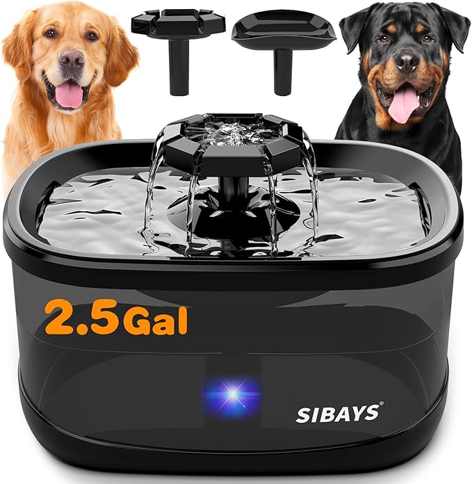 SIBAYS 2.5Gal/9.5L Dog Water Fountain, 3 Flow Modes Pet Water Fountain for Cats, Dog Water Bowl Dispenser with 7" Large Filter &amp; Ultra Quiet Pump, BPA-Free, Ideal for Large Dogs, Multi-pet(FS68)