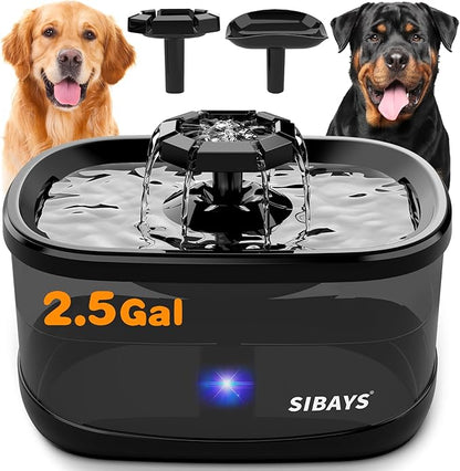 SIBAYS 2.5Gal/9.5L Dog Water Fountain, 3 Flow Modes Pet Water Fountain for Cats, Dog Water Bowl Dispenser with 7" Large Filter &amp; Ultra Quiet Pump, BPA-Free, Ideal for Large Dogs, Multi-pet(FS68)