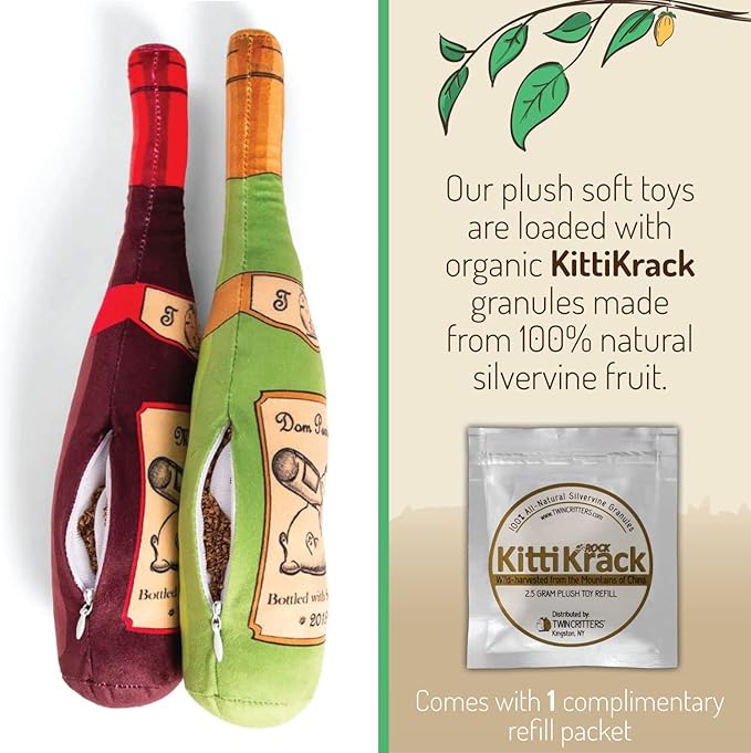 KittiLush 2-Pack Organic Silvervine Catnip Substitute Toys for Cats &amp; Kittens | 100% All-Natural Wild Harvested Silvervine | 2 Refillable Wine Bottle Kicker Cat Toys