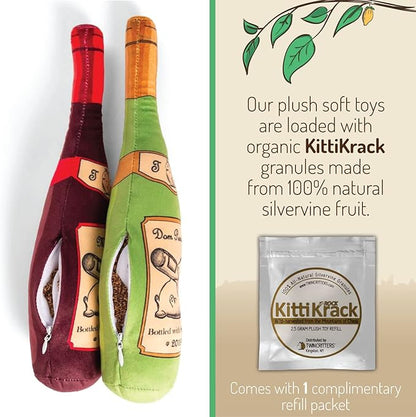 KittiLush 2-Pack Organic Silvervine Catnip Substitute Toys for Cats &amp; Kittens | 100% All-Natural Wild Harvested Silvervine | 2 Refillable Wine Bottle Kicker Cat Toys