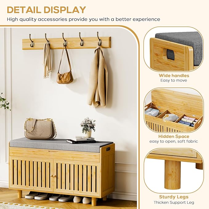 Coat Rack Shoe Bench Set, Bamboo Shoe Storage Bench with Seat Cushion &amp; 5 Hooks, Hall Tree Entryway Bench with Lift Top Hidden Storage, 35.4" W x 12.6" D x 19.7" H, for Entryway, Living Room, Bedroom