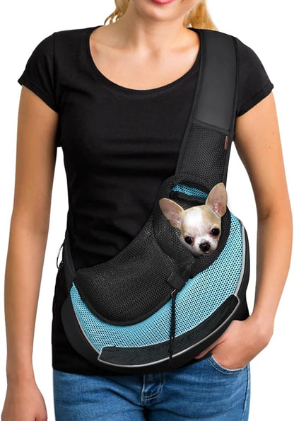 YUDODO Pet Sling Carrier for Small Dogs &amp; Cats – Hands-Free Puppy Carrier with Safety Hook, Large Zipper Pocket, Soft Breathable Mesh, Adjustable Strap &amp; Reflective Strip (Cyan 3.0 M)