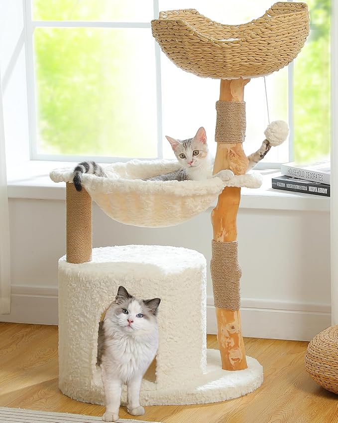 Modern Cat Tree for Large Cats, Wood Cat Tower for Indoor Cats, Real Branch Luxury Cat Furniture with Super Large Cozy Condo and Hammock &amp; Scratching Post, Top Basket, White