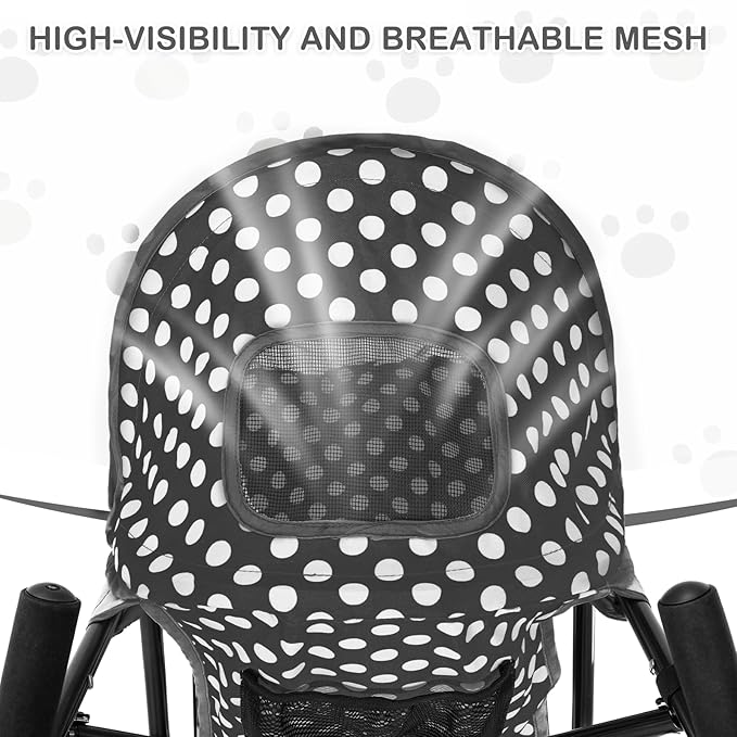 MoNiBloom 4 Wheels Pet Stroller, Easy-Fold Umbrella Shaped Dog Cat Jogger Stroller w/Storage Bag &amp; Visible Mesh for Small/Medium Dogs Cats Black Polka Dots
