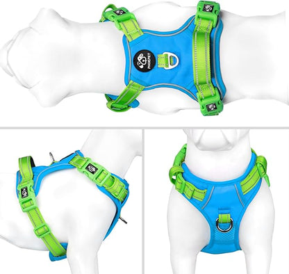 PHOEPET No Pull Dog Harness, Unique Colors Reflective Adjustable Dog Vest, with Soft Training Handle Metal Clips for Small Medium Large Dogs (Blue Base &amp; Green Straps,XL)