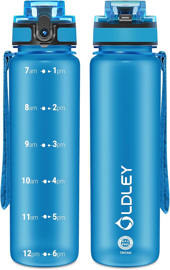 OLDLEY 32 oz Motivational Water Bottle with Time Marker, Sports Water Bottle With Strap, Leakproof &amp; BPA Free Large Water Bottle for School, Gym, Travel, Outdoor, Tritan, Blue