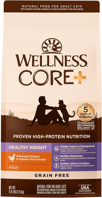 Wellness CORE+ Adult Dry Cat Food for Indoor &amp; Outdoor Cats, Grain Free, Natural, Healthy Weight, Chicken and Chicken Meal (4.75 Pound Bag)