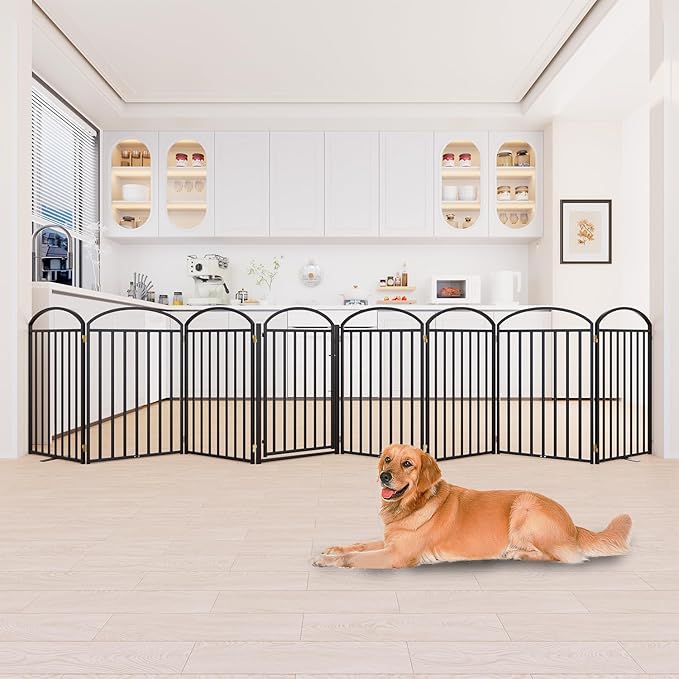 8 Panles Full Matel Freestanding Dog Gates with Door, 192"Extra Wide 36"Tall Free Standing Dog Pet Gate for Indoor &amp; Outdoor. Foldable Pet Fences for Doorways, House, Stairs, Porch, Deck, Yard