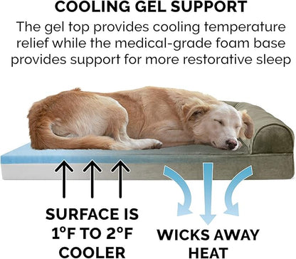Furhaven Cooling Gel Dog Bed for Large Dogs w/ Removable Bolsters &amp; Washable Cover, For Dogs Up to 125 lbs - Faux Fur &amp; Velvet Sofa - Dark Sage, Jumbo Plus/XXL
