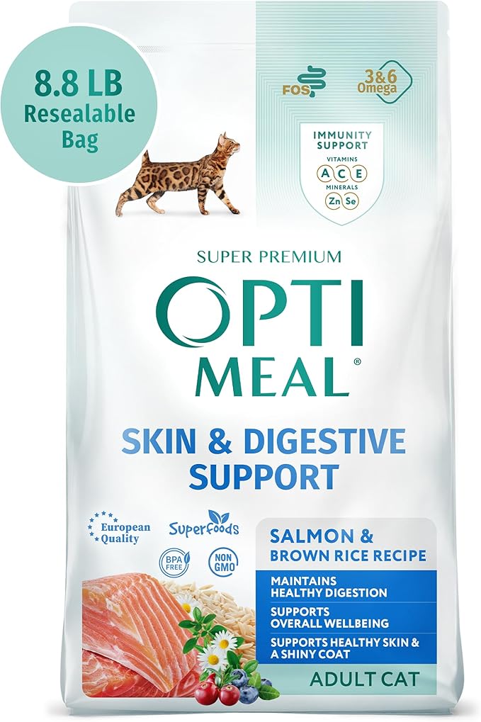 OPtimeal Skin &amp; Sensitive Stomach Cat Food - Proudly Ukrainian - Healthy Cat Food Dry Recipe for Skin &amp; Digestive Support, Tasty Dry Cat Food for Pets (8.8 lbs, Salmon &amp; Brown Rice)