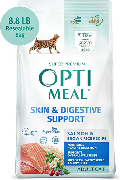 OPtimeal Skin &amp; Sensitive Stomach Cat Food - Proudly Ukrainian - Healthy Cat Food Dry Recipe for Skin &amp; Digestive Support, Tasty Dry Cat Food for Pets (8.8 lbs, Salmon &amp; Brown Rice)
