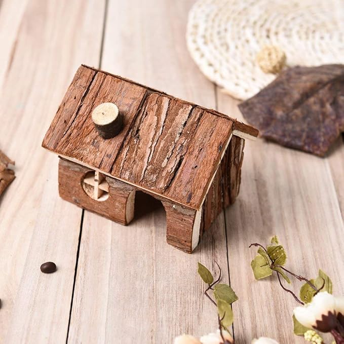 Hypeety Natural Wooden Hamster House Cage Small Animals House with Chimney for Pet Rats Gerbil Hideout Play House (S)