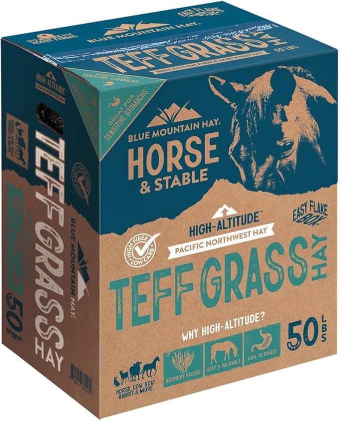Blue Mountain Hay High-Altitude Teff Grass Hay, 50lb Easy Flake Box - Low NSC &amp; High Fiber for Easy Digestion and Weight Management - Ideal for Horses, Goats, Rabbits, Guinea Pigs &amp; Other Small Pets