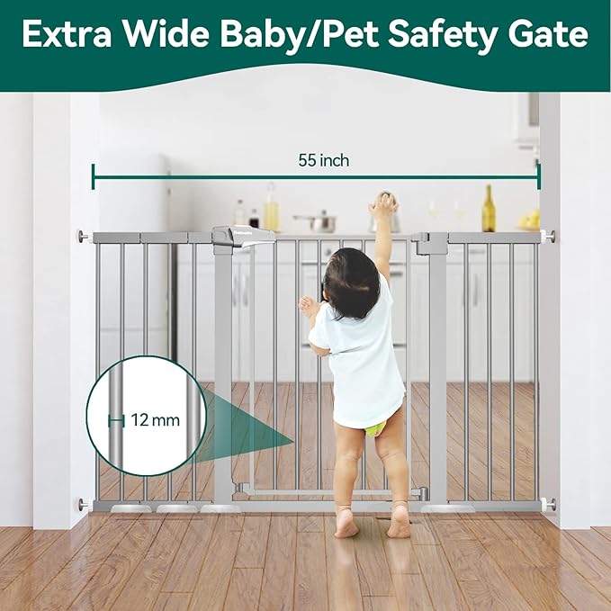BABELIO 29-55 Inch Extra Wide Baby/Dog Gate, Metal Auto Close for The House and Doorways, Pressure Mounted Pet Door, NO Need Tools and Drilling, with Wall Cups, Gray