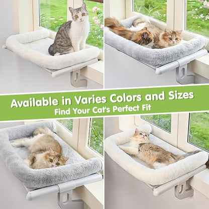 Cat Window Sill Perch with Large Bolster, Easy to Adjust &amp; Assemble Cat Window Seat for Windowsill &amp; Bedside, Pet Hammock Bed for Large Cats and Kittens (White, M)