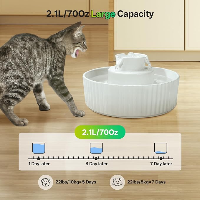 Ceramic Cat Water Fountain, 2.1L/70oz Porcelain Pet Drinking Dispenser with 4 Set Replacement Filter &amp; Sponge, Automatic Dog Water Bowl with Ultra-Quiet Pump, Cat Feeding Watering Supplies(White)