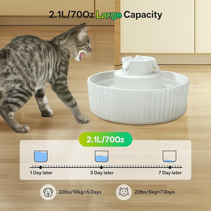 Ceramic Cat Water Fountain, 2.1L/70oz Porcelain Pet Drinking Dispenser with 4 Set Replacement Filter &amp; Sponge, Automatic Dog Water Bowl with Ultra-Quiet Pump, Cat Feeding Watering Supplies(White)