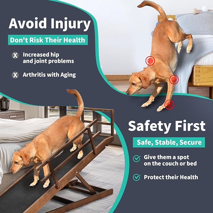 Dog Ramp, 5 Level Adjustable Height Folding Pet Ramp for High Bed, Portable Paw Ramps Large Bed Ramp for Medium &amp; Large Old Dogs &amp; Cats - Natural Wood Furniture Quality