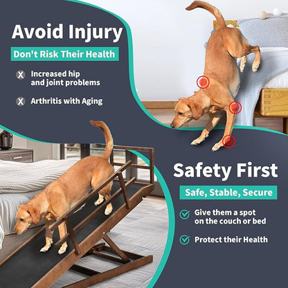 Dog Ramp, 5 Level Adjustable Height Folding Pet Ramp for High Bed, Portable Paw Ramps Large Bed Ramp for Medium &amp; Large Old Dogs &amp; Cats - Natural Wood Furniture Quality