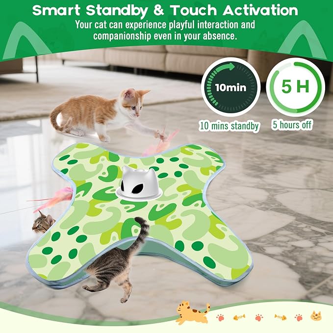 VIWIK Interactive Cat Toys for Indoor Cats, Hide and Seek Moving Feather Toy for Bored Adult Cats with Suction Cup &amp; Cover, Automatic Kitten Wand Toy, Cat Enrichment Toys for All Breeds Green