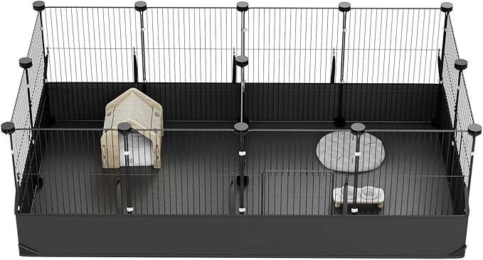 Tresbro Guinea Pig Playpen with 14 Panels &amp; Divided Room, Triple Fixing Measures Small Animal Cage with Waterproof PVC Liner &amp; One-Motion Hooks, Rabbit, Bunny, C&amp;C Grids Cage 48 x 24 x 16 Inches