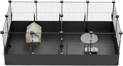 Tresbro Guinea Pig Playpen with 14 Panels &amp; Divided Room, Triple Fixing Measures Small Animal Cage with Waterproof PVC Liner &amp; One-Motion Hooks, Rabbit, Bunny, C&amp;C Grids Cage 48 x 24 x 16 Inches