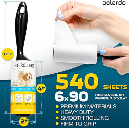 Lint Rollers 2 pcs, 540 Sticky Sheets, Extra 4 Spare Rollers/Hair Remover for Clothes, Furniture, Couch, Carpet, Dog Hair Remover, Cat Hair Remover, Animal Fur, Fuzz