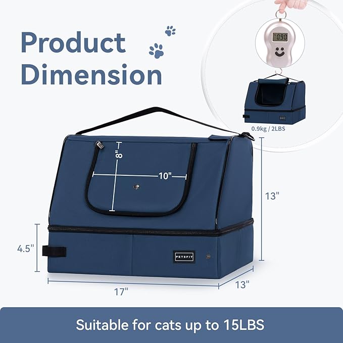 PETSFIT Travel Litter Box for Cats - Removable 2-Layer Leak-Proof Lining, Scratch-Resistant Fabric with Sturdy Support Frame, Cat Collapsible &amp; Travel Litter Box Navy Blue