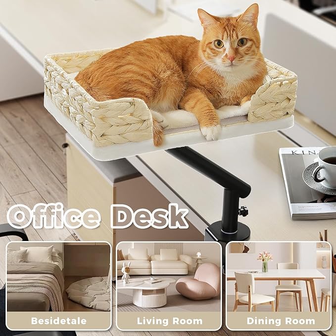 PAWZ Road Cat Desk Bed for Indoor Cats, Wicker Cat Bed for Desk Supports Up to 50 lbs, 360° Rotation &amp; Adjustable Soft Plush Cats Hammock for Desktop, White