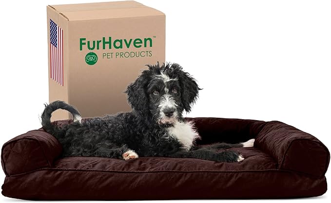 Furhaven Pillow Dog Bed for Large/Medium Dogs w/ Removable Bolsters &amp; Washable Cover - Quilted Sofa - Coffee, Large