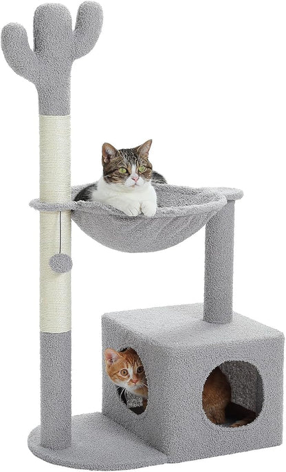 Cactus Cat Tree Cat Scratching Post 40" Cat Tower with Large Metal Carpet Hammock, Cat Scratching Post for Indoor Cats with Condo&amp; Dangling Ball, Grey