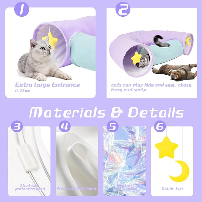 Cat Tunnel, Large Indoor Durable Collapsible Interactive Cat Tube with Peek-A-Boo Hole, Hanging Toys, and Crinkly Paper Lining - Cute Tunnel for Cats, Kittens, Puppies &amp; Rabbits, Purple