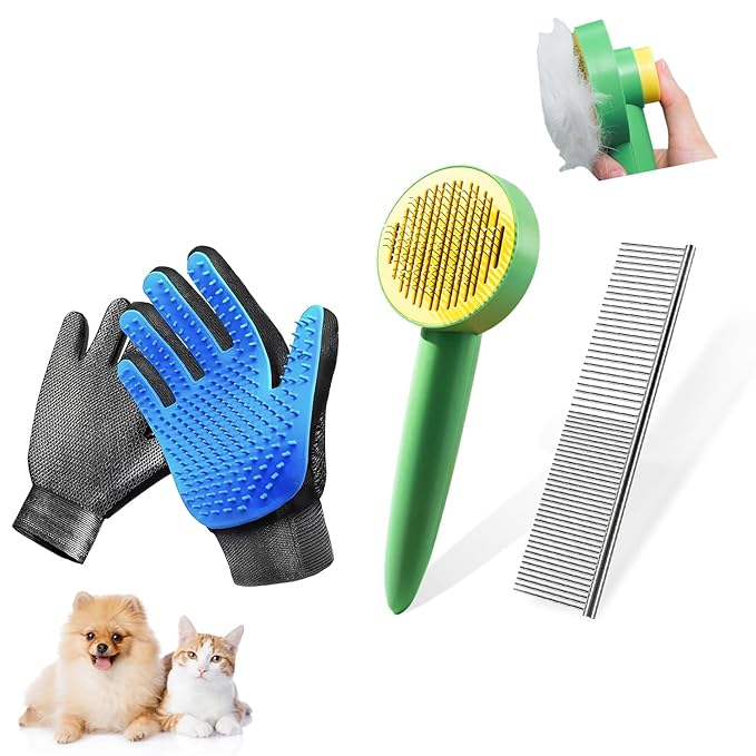 Dog &amp; Cat Brush,Pet Grooming Kit 4PCS- Dog Brush for Shedding| A Pair Pet Hair Removal Gloves| Metal Comb for dog.Removes Undercoat, Loose Hair, Tangled, Dirt and Massages. All hair Types