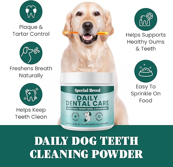 Dog Teeth Cleaning Powder – Natural Dog Dental Powder for Tartar Control, Fresh Breath &amp; Gum Health – Daily Plaque Remover with Zeolite, Brown Algae, Probiotics &amp; Rosemary – 90 Scoops