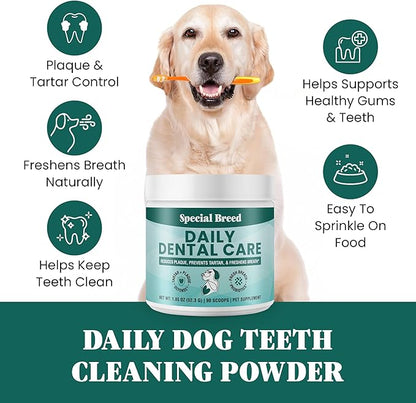 Dog Teeth Cleaning Powder – Natural Dog Dental Powder for Tartar Control, Fresh Breath &amp; Gum Health – Daily Plaque Remover with Zeolite, Brown Algae, Probiotics &amp; Rosemary – 90 Scoops