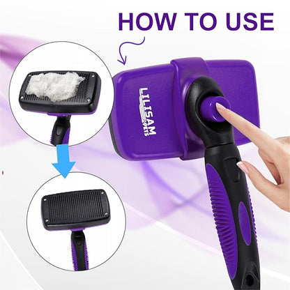 Pet Self Cleaning Slicker Brush and Grooming Comb - Gently Removes Loose Hair, Tangles, and Dirt - Skin Friendly Deshedding Grooming Tool for Hair Dogs &amp; Cats - Pet Supplies Accessories (Purple)