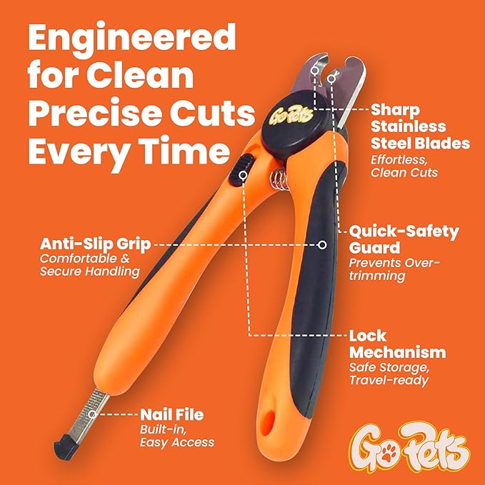 GoPets Nail Clipper for Large Sized Pets, Quick Sensor Safety Guard, Heavy Duty Trimmer for Thick Nails, Stainless Steel Blades, Grooming Tool for Dogs &amp; Cats, Non-Slip Handle, Built-in Nail File