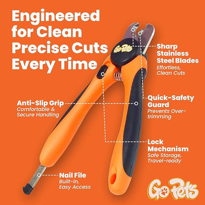 GoPets Nail Clipper for Large Sized Pets, Quick Sensor Safety Guard, Heavy Duty Trimmer for Thick Nails, Stainless Steel Blades, Grooming Tool for Dogs &amp; Cats, Non-Slip Handle, Built-in Nail File