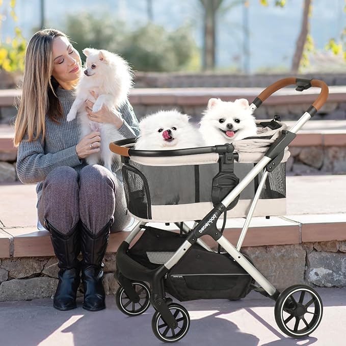 T6 Luxury Pet Stroller for Medium Dogs Up to 66lbs or 2 Small Pets – 3-in-1 Dog &amp; Cat Stroller with Removable Carrier, Foldable &amp; Lightweight (Beige &amp; Net Wall)
